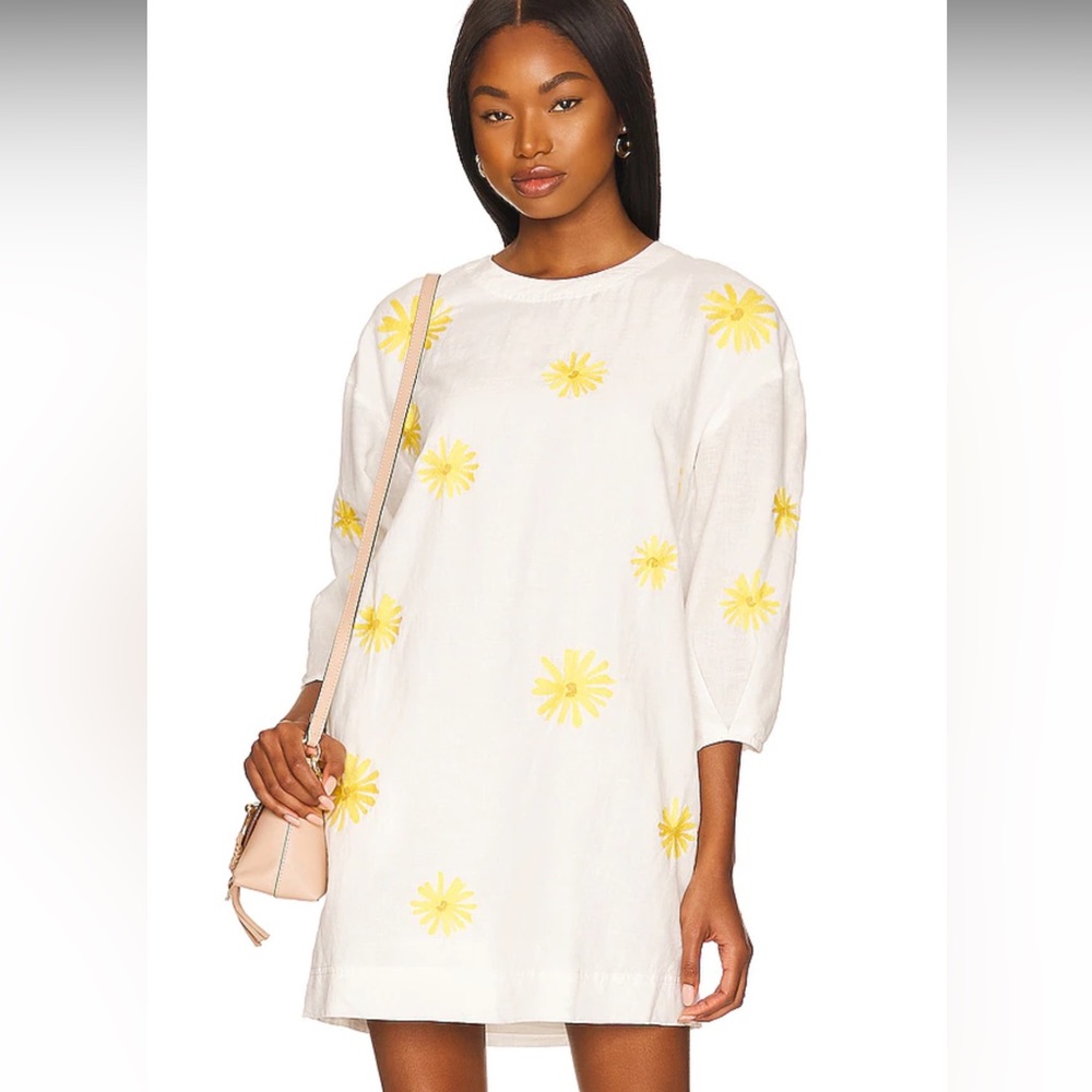 Something Navy Embroidered Long Sleeve Open Back Mini Dress, White Size M NWT